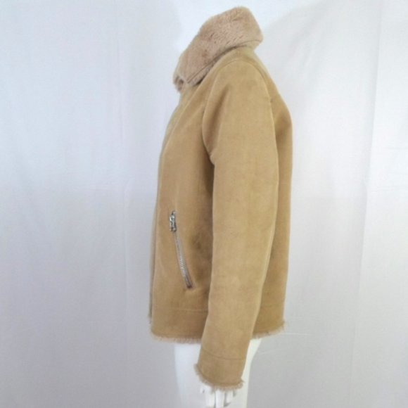 H&M Divided Tan Faux Suede Moto Jacket Full Zip Faux Fur Lined - Picture 3 of 7